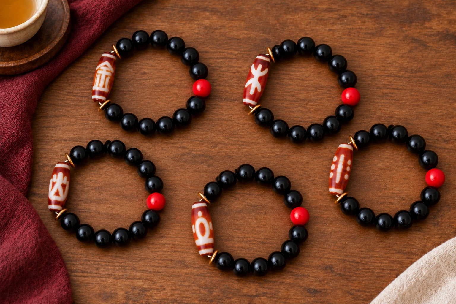 The five Metal, Wood, Water, Fire and Earth Dzi bracelets